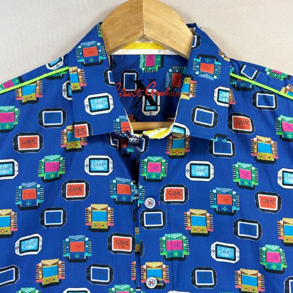 Robert Graham Shirt Mens Medium Blue Video Game Short Sleeve Neon Piping Retro